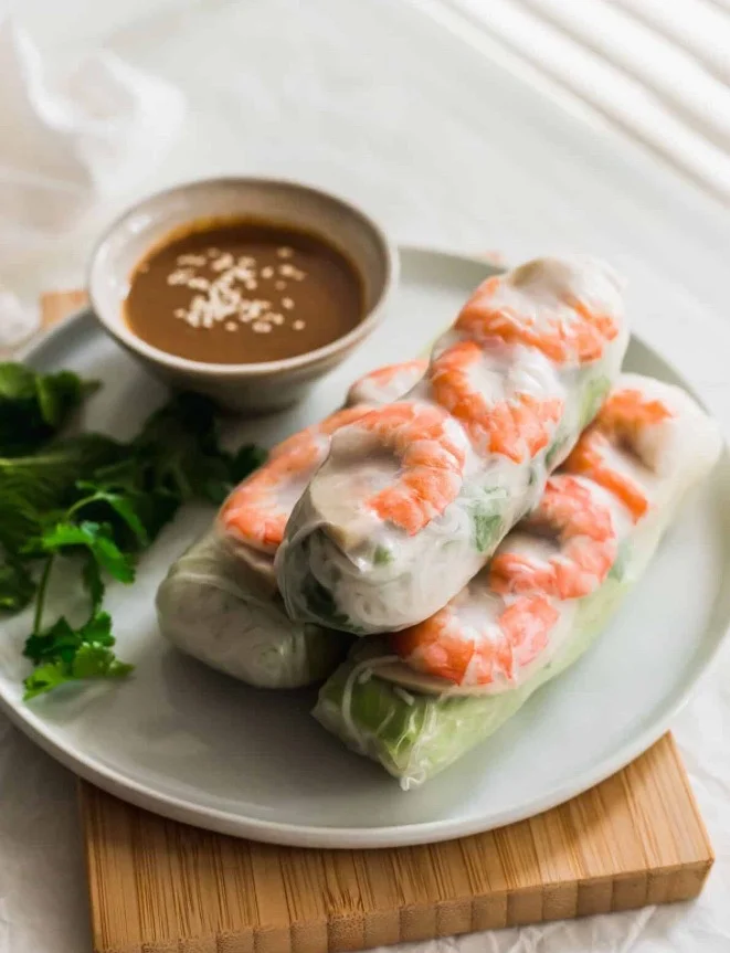 Fresh Salad Rolls at Wrap N Roll Saskatoon — rice paper rolls filled with shrimp, chicken or beef, rice noodles and fresh vegetables