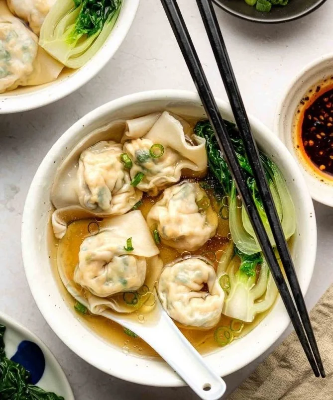 Wonton Soup at Wrap N Roll Saskatoon — warming shrimp and chicken broth soup with broccoli, carrot, cabbage and sesame oil